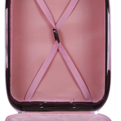 Interior de mala de viagem rígida rosa com cintas cruzadas