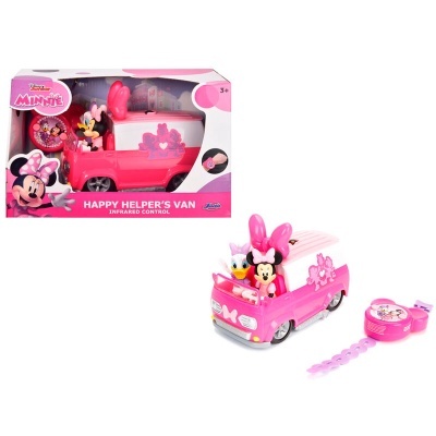 Veículo rosa Happy Helper's Van com personagens Minnie e Daisy de plástico e embalagem com texto