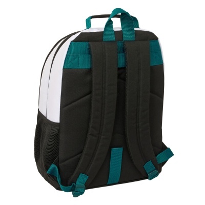 Mochila preta e branca com alças azuis turquesa