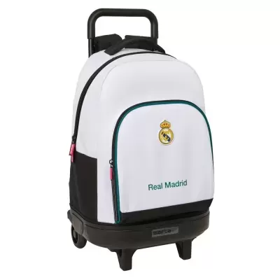 Mochila de rodas branca e preta com logótipo Real Madrid e marca safta na base