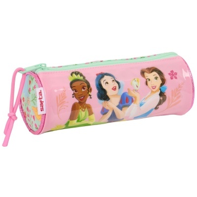 Estojo cilíndrico rosa com desenhos de três princesas da Disney