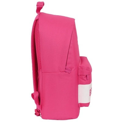 Mochila cor-de-rosa com bolso frontal branco e alças ajustáveis