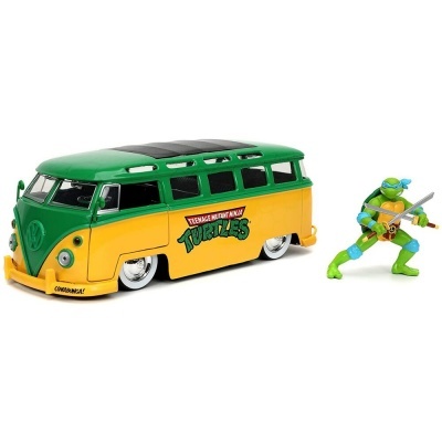 Carrinha Teenage Mutant Ninja Turtles verde e amarela com figura Leonardo das Tartarugas Ninja