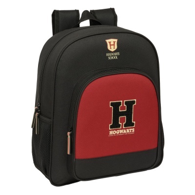 Mochila escolar preta com bolso vermelho e logotipo Hogwarts