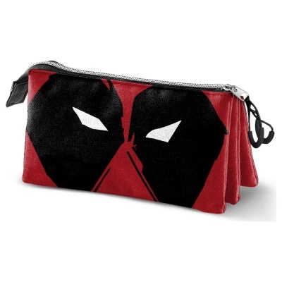 Estojo de tecido vermelho e preto com desenho de máscara e fecho de zip
