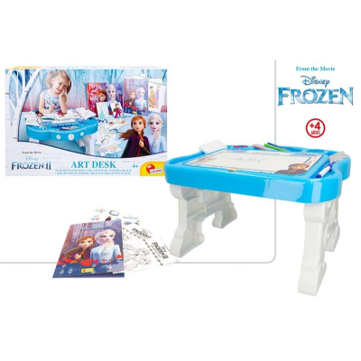 Secretária de arte Disney Frozen II azul e branca com figuras das personagens Anna e Elsa e folhas para desenho