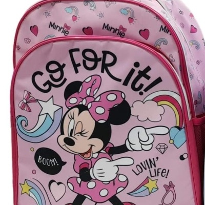 Mochila cor-de-rosa com estampa da Minnie Mouse e frases motivacionais.
