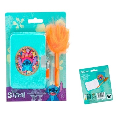 Conjunto de escrita Disney Stitch com caderno azul, caneta com penas laranja e embalagem turquesa