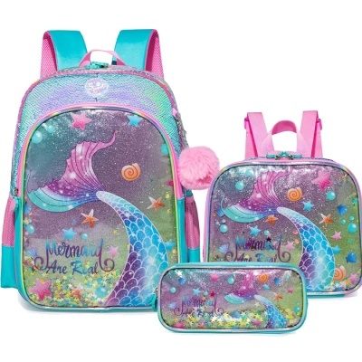 Conjunto de mochilas e estojo com padrão de sereia multicolor
