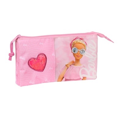 Estojo rosa com imagem de boneca Barbie e coração de lantejoulas