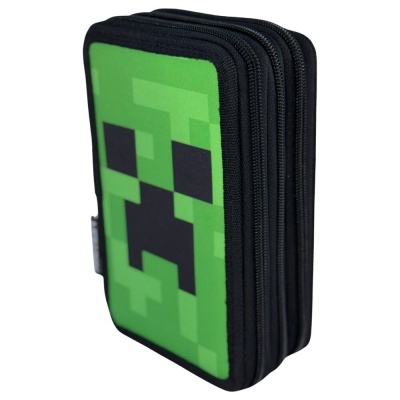 Estojo retangular verde com padrão pixelado preto inspirado em jogo