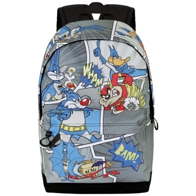 Mochila Looney Tunes com design de banda desenhada em cinza e preto