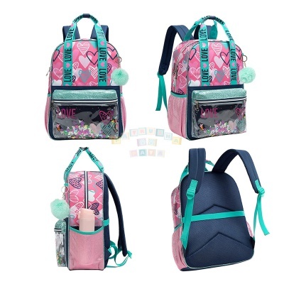 Mochila rosa com corações, glitter, alças com frase LOVE e pompom verde claro