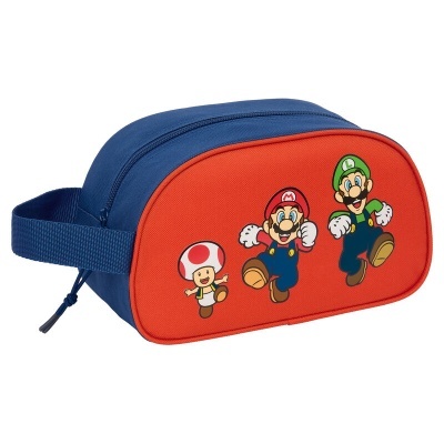 Bolsa azul e laranja com personagens Super Mario Toad, Mario e Luigi