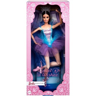 Boneca Barbie Signature Ballet Wishes com tutú roxo e azul e tiara em caixa rosa