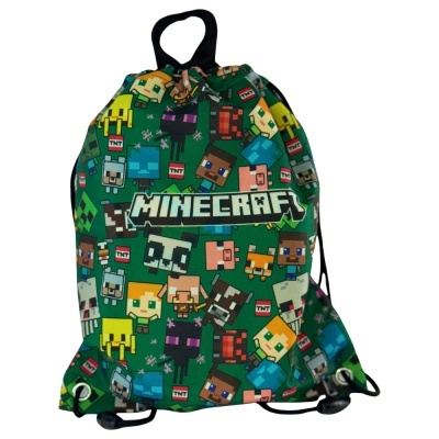 Mochila Minecraft com personagens em pixel, fundo verde, alças pretas