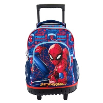 Mochila de carrinho do Spider-Man azul e vermelho com imagem do super-herói e texto Marvel SPIDER-MAN