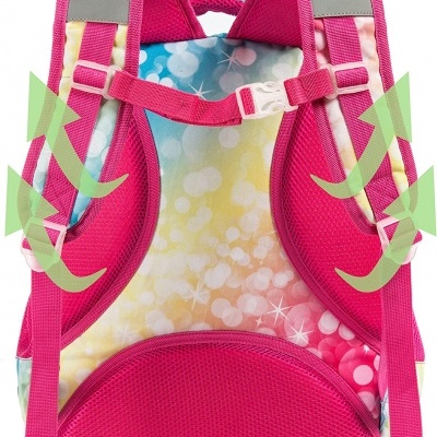 Mochila colorida com alças rosa fúcsia e fecho de clip branco