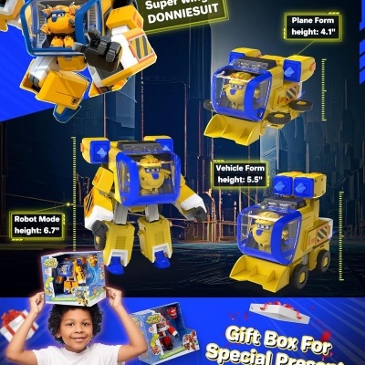 Brinquedo transformável Super Wings Donniesuit em três formas com embalagem e criança sorrindo