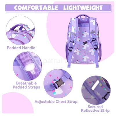 Mochila infantil lilás com unicórnios e alças acolchoadas