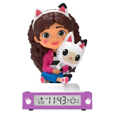 Relógio digital com figura de menina e gato em cima.