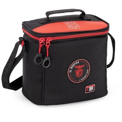 Bolsa térmica preta e vermelha com logo do SLB Benfica