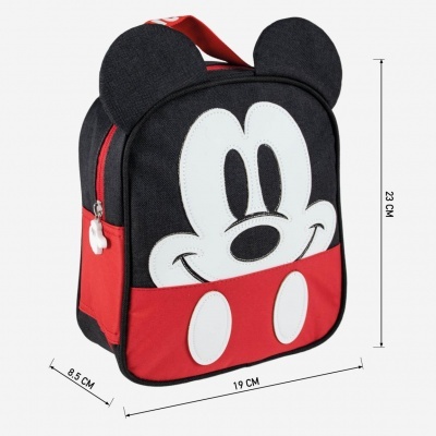 Mochila infantil preta e vermelha com rosto do Mickey Mouse e orelhas em tecido