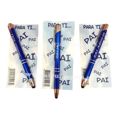 Três canetas azuis com detalhes em cobre sobre cartões brancos com palavras 'PARA TI...' e 'PAI'.