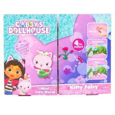 Embalagem de brinquedo de argila 'Kitty Fairy' com personagens de gatos e menina em cores rosa e azul