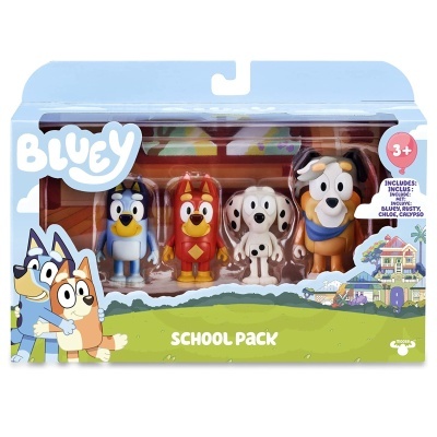 Pack de bonecos Bluey com quatro personagens em caixa colorida