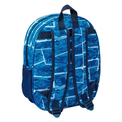 Mochila azul com estampa de carros e alças ajustáveis