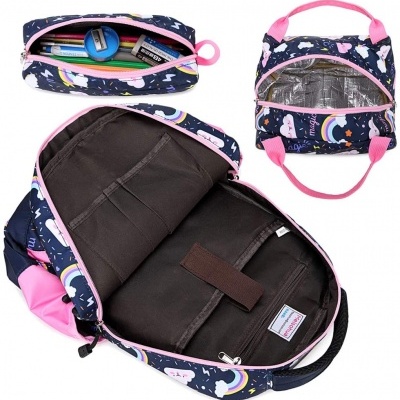 Mochila, estojo e bolsa térmica com padrão de unicórnios em azul escuro e rosa