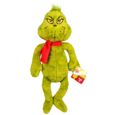 Pelúcia do Grinch verde com cachecol vermelho e tag pendurada