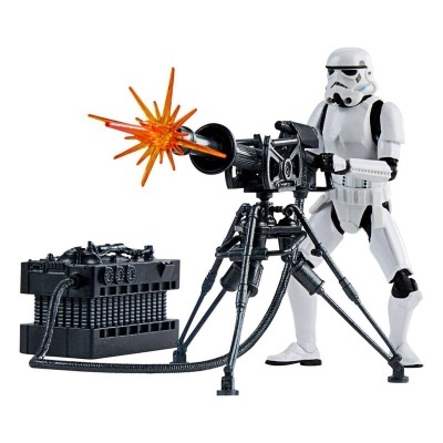 Figura de ação de stormtrooper com arma e tripé preto com efeito de disparo laranja