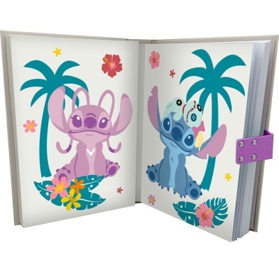 Caderno aberto com ilustrações de personagens Stitch e decoração tropical