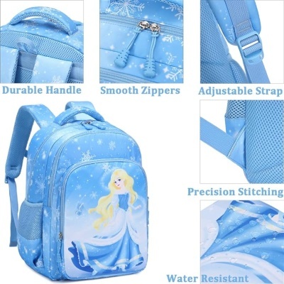Mochila azul infantil com princesa e padrão de flocos de neve