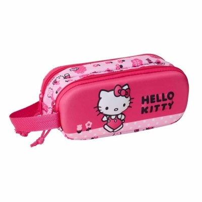 Estojo escolar rosa Hello Kitty com padrão de flores e texto HELLO KITTY