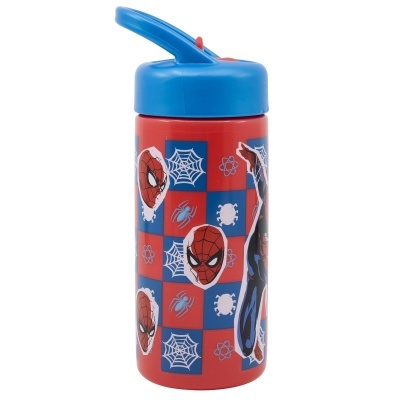 Garrafa vermelha com tampa azul decorada com Homem-Aranha