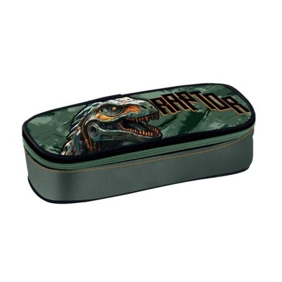 Estojo verde com dinossauro e texto RAPTOR