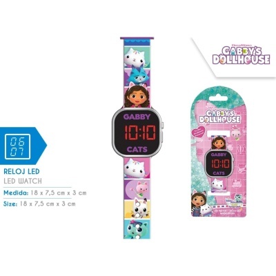 Relógio digital LED para crianças com bracelete colorida da GABBY'S DOLLHOUSE e mostrador preto com dígitos vermelhos.