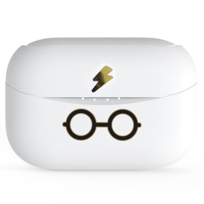 Estojo branco para auriculares com design gráfico de óculos redondos e um raio dourado.