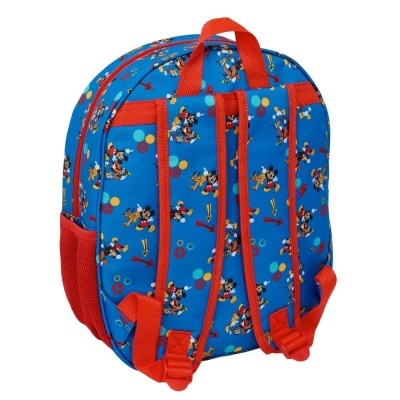 Mochila azul com personagens Mickey Mouse e Pluto e alças vermelhas
