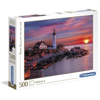 Caixa de puzzle Clementoni 500 peças com imagem de farol ao pôr do sol