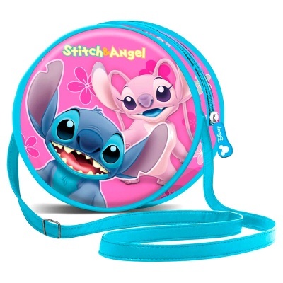 Bolsa redonda azul com imagem das personagens Stitch e Angel sobre fundo rosa