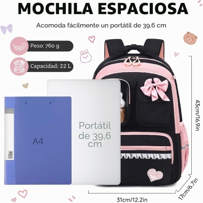 Mochila preta e rosa com laço e coração, com texto sobre peso, capacidade e dimensões