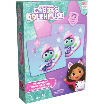 Caixa de jogo de memória Gabby's Dollhouse com 72 cartas, personagem colorido e fundo azul e lilás.
