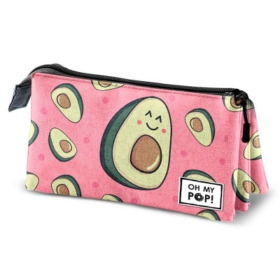 Estojo cor-de-rosa com padrão de abacates sorridentes e etiqueta OH MY POP!