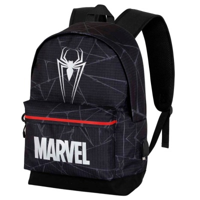 Mochila preta com logótipo de aranha e texto MARVEL