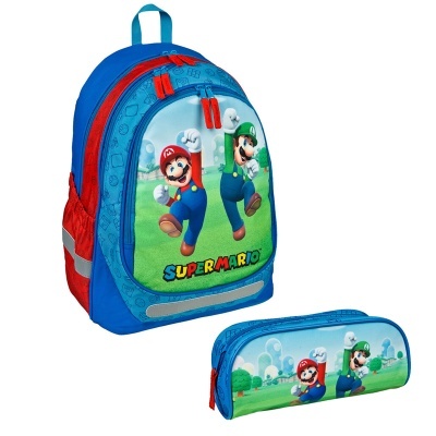 Mochila e estojo Super Mario azul com personagens Mario e Luigi e zíperes vermelhos