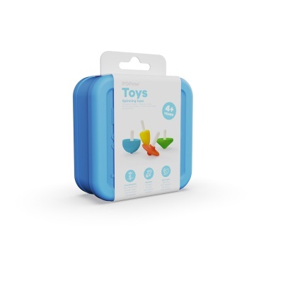 Caixa azul com brinquedos giratórios coloridos e rótulo branco